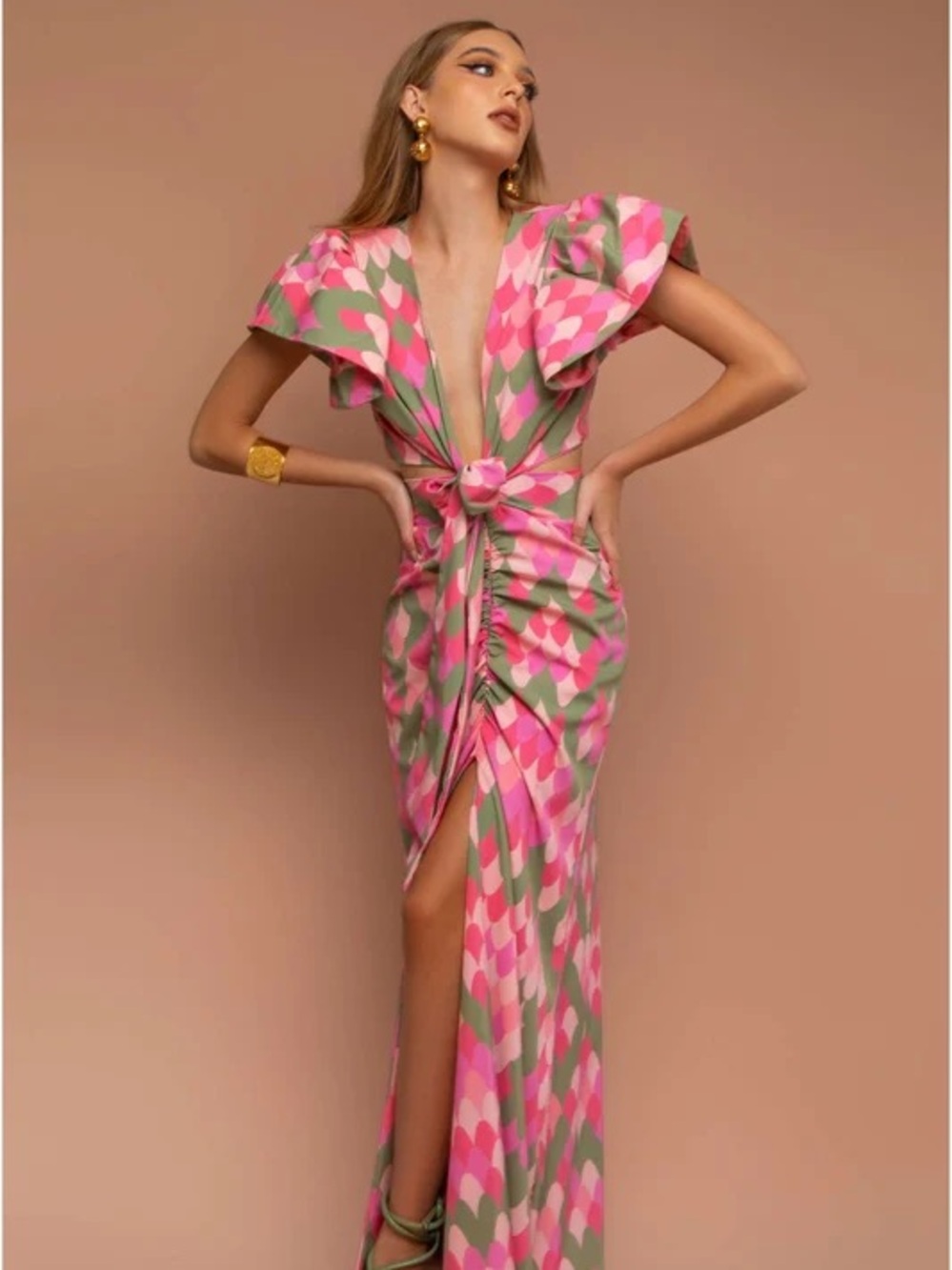 Plunge Tie-Front High-Low Maxi Dress in Pink & Green